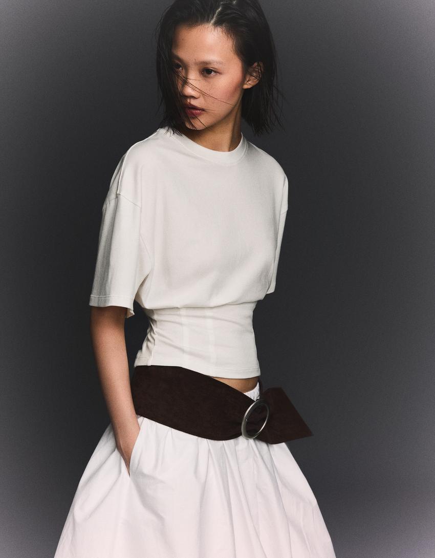 Short sleeve corset waist T-shirt-Off white