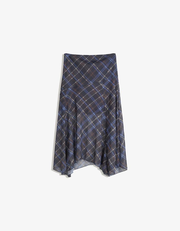 Asymmetric check midi skirt