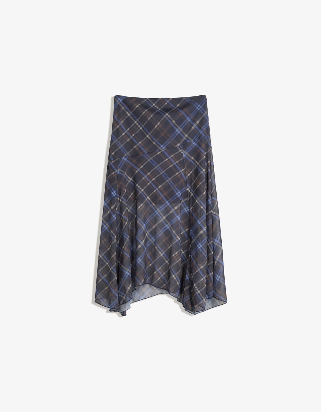 Asymmetric check midi skirt