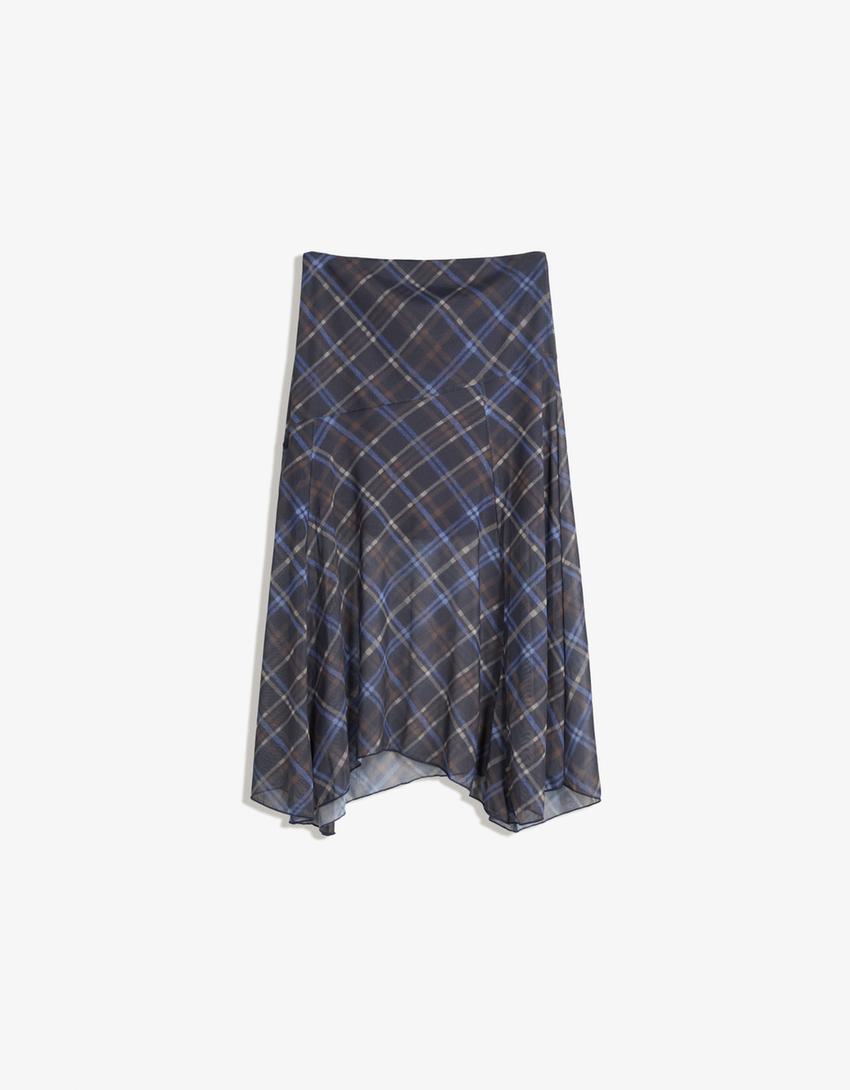 Asymmetric check midi skirt-Navy-0