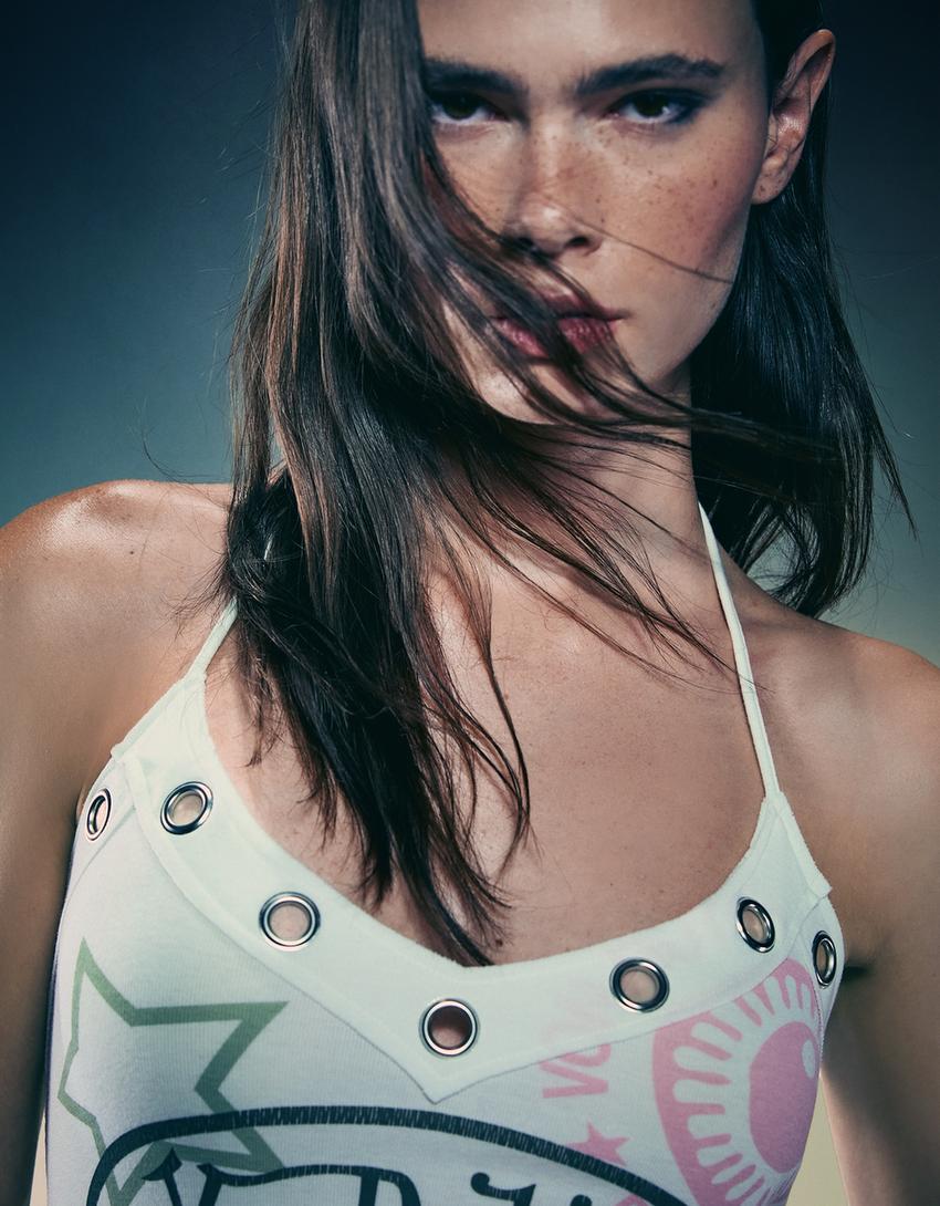 Top Von Dutch encolure américaine à œillets-Blanc cassé-2