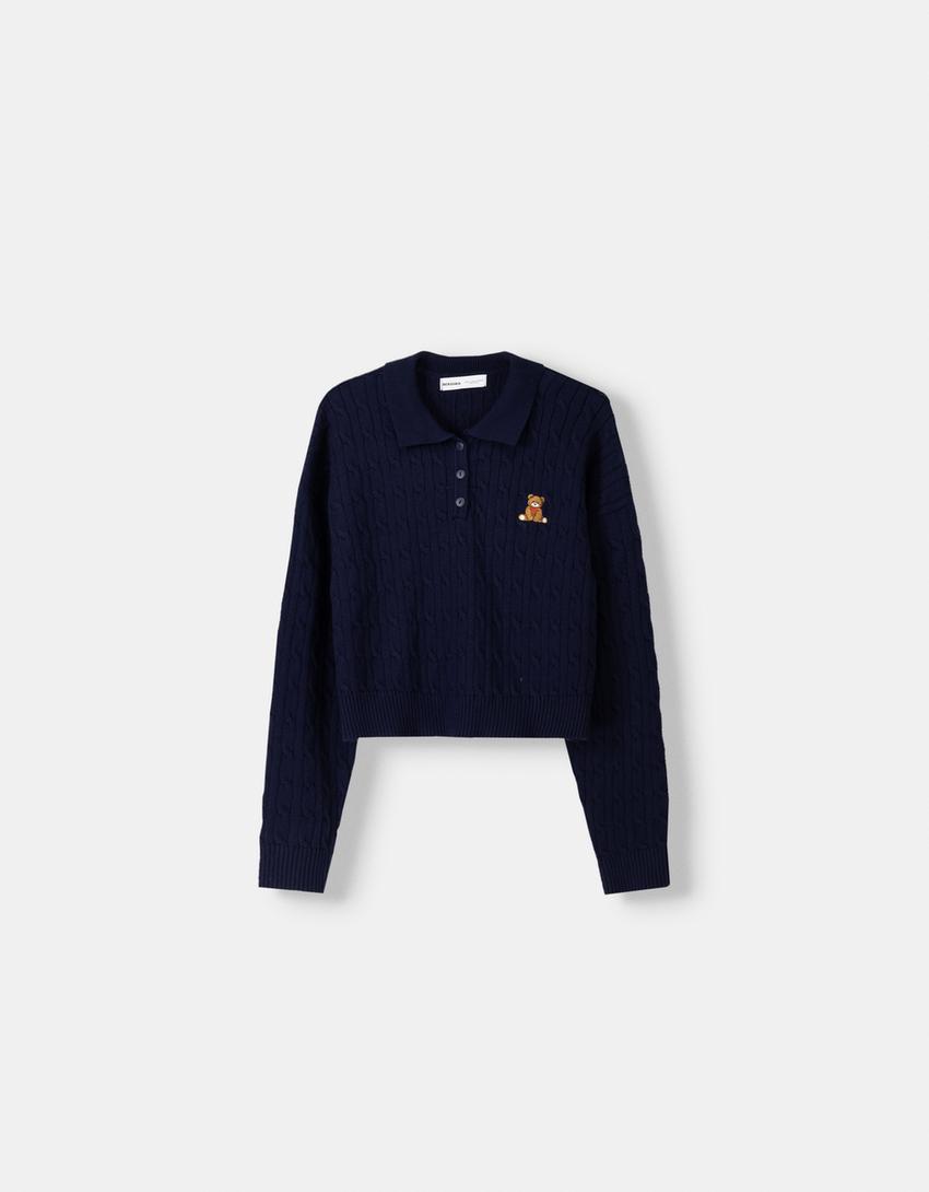 Pull col polo broderie-Bleu-0