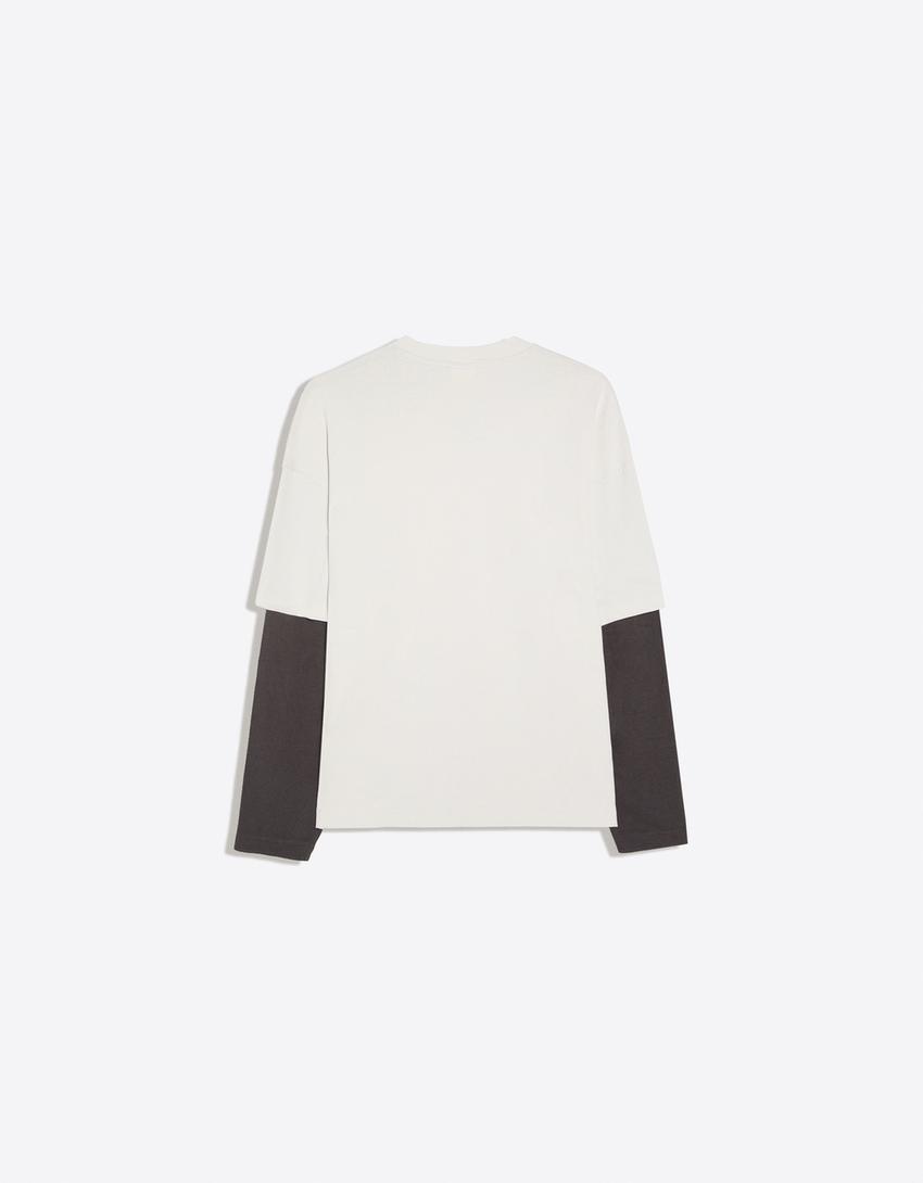 Contrast double-sleeve T-shirt-Grey