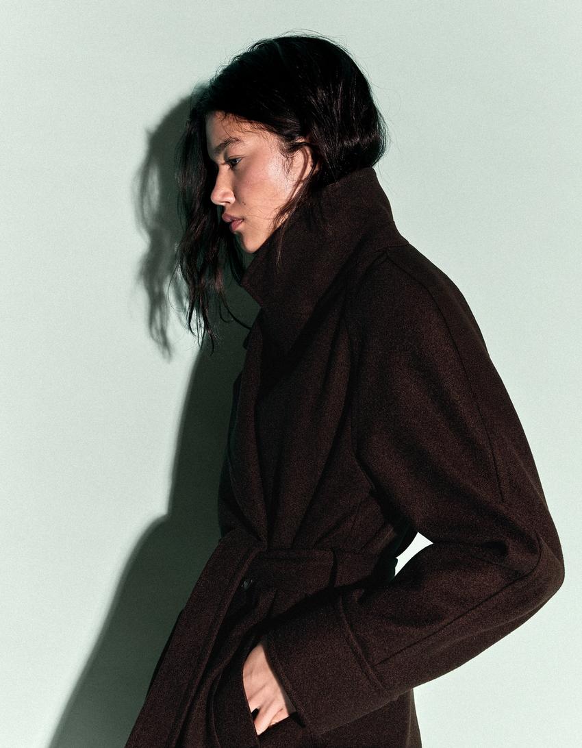 Cappotto lungo soft con cintura-Marrone