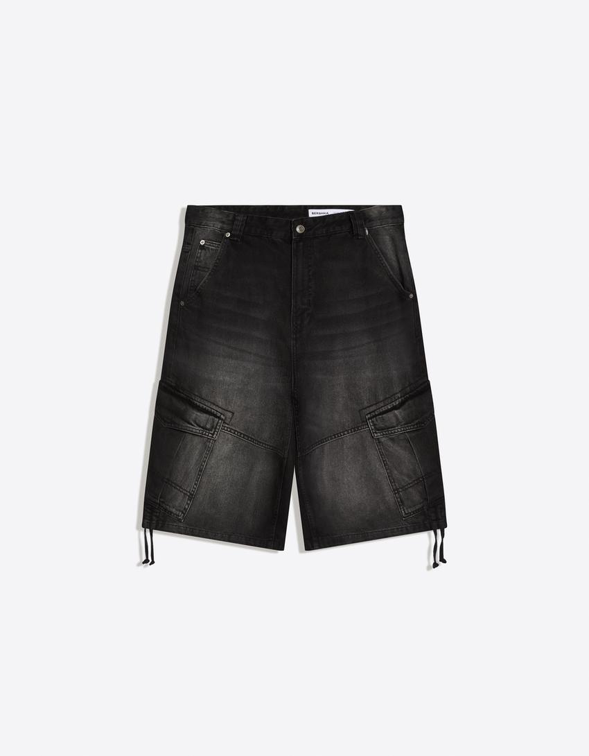 Denim parachute cargo Bermuda shorts-Black