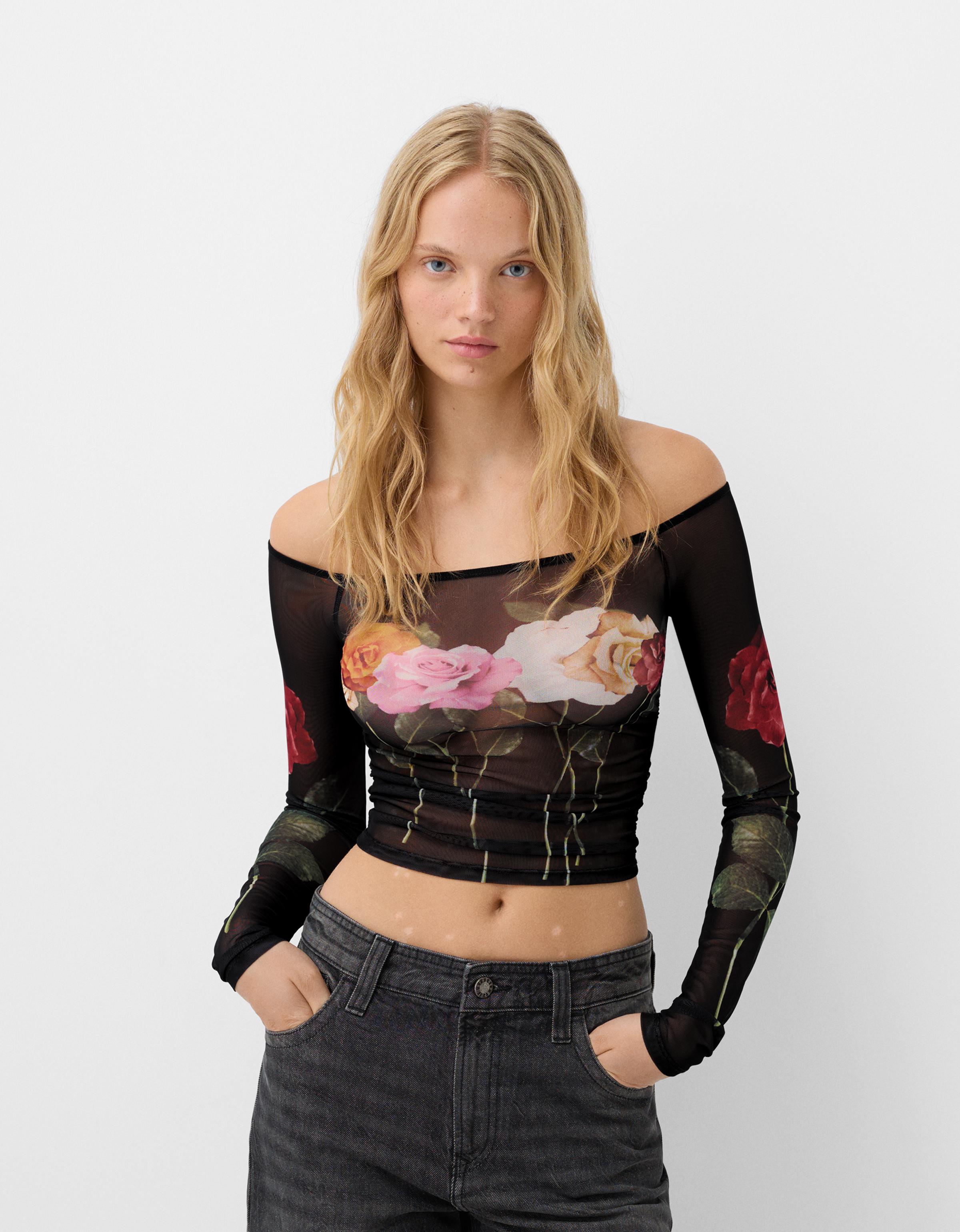 Bershka Langarmshirt Aus Tüll Mit Print Damen M Schwarz