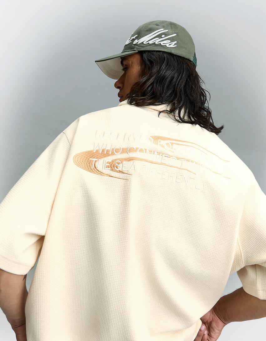 Waffle-knit short sleeve shirt-Off white