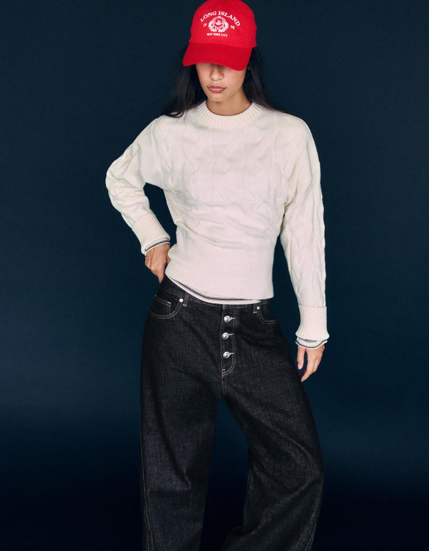 Cable-knit crew neck sweater-Cream