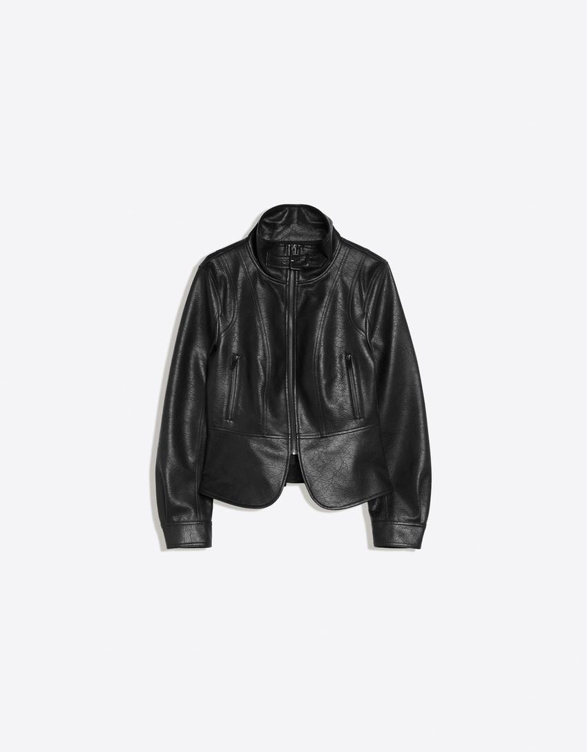 Cazadora efecto piel peplum-Negro