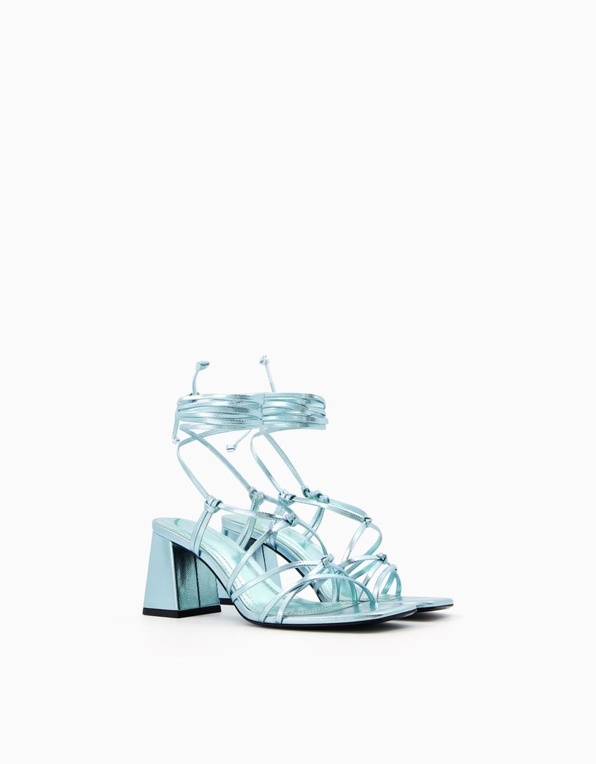 Tied heeled metallic sandals-Silver