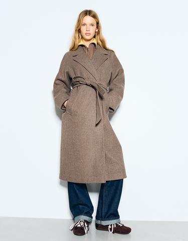 Soft-touch long coat with belt — Brown 1