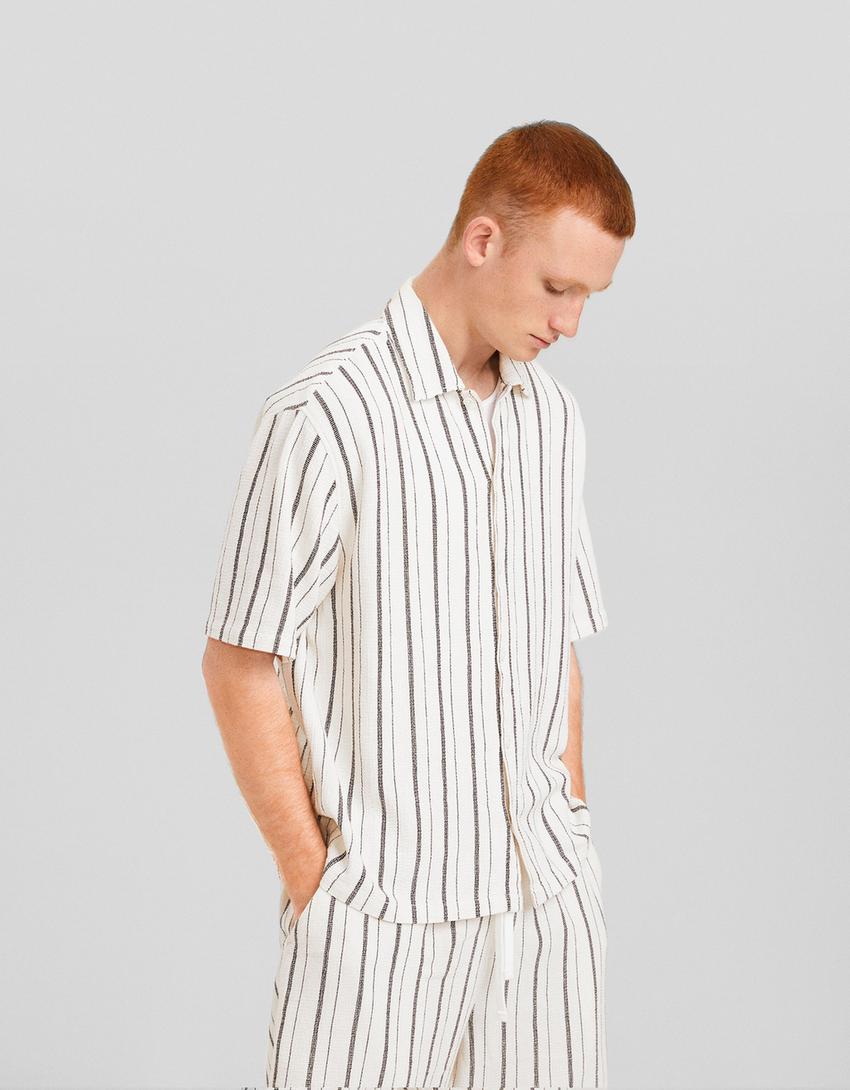 Ensemble chemise et bermuda rustique rayures-Écru-1