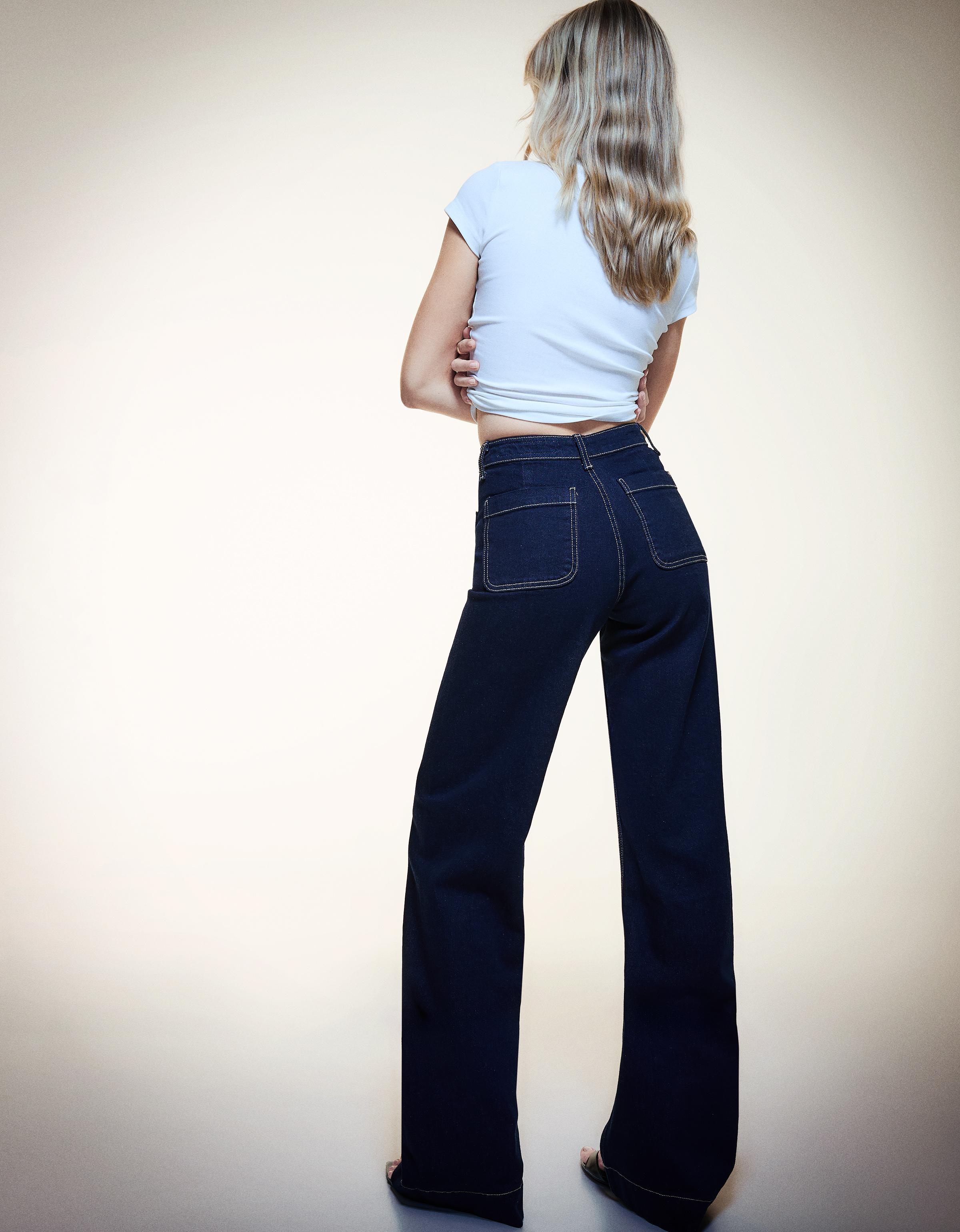 Yüksek bel dikişsiz cepli geniş paça jean - Görsel 29