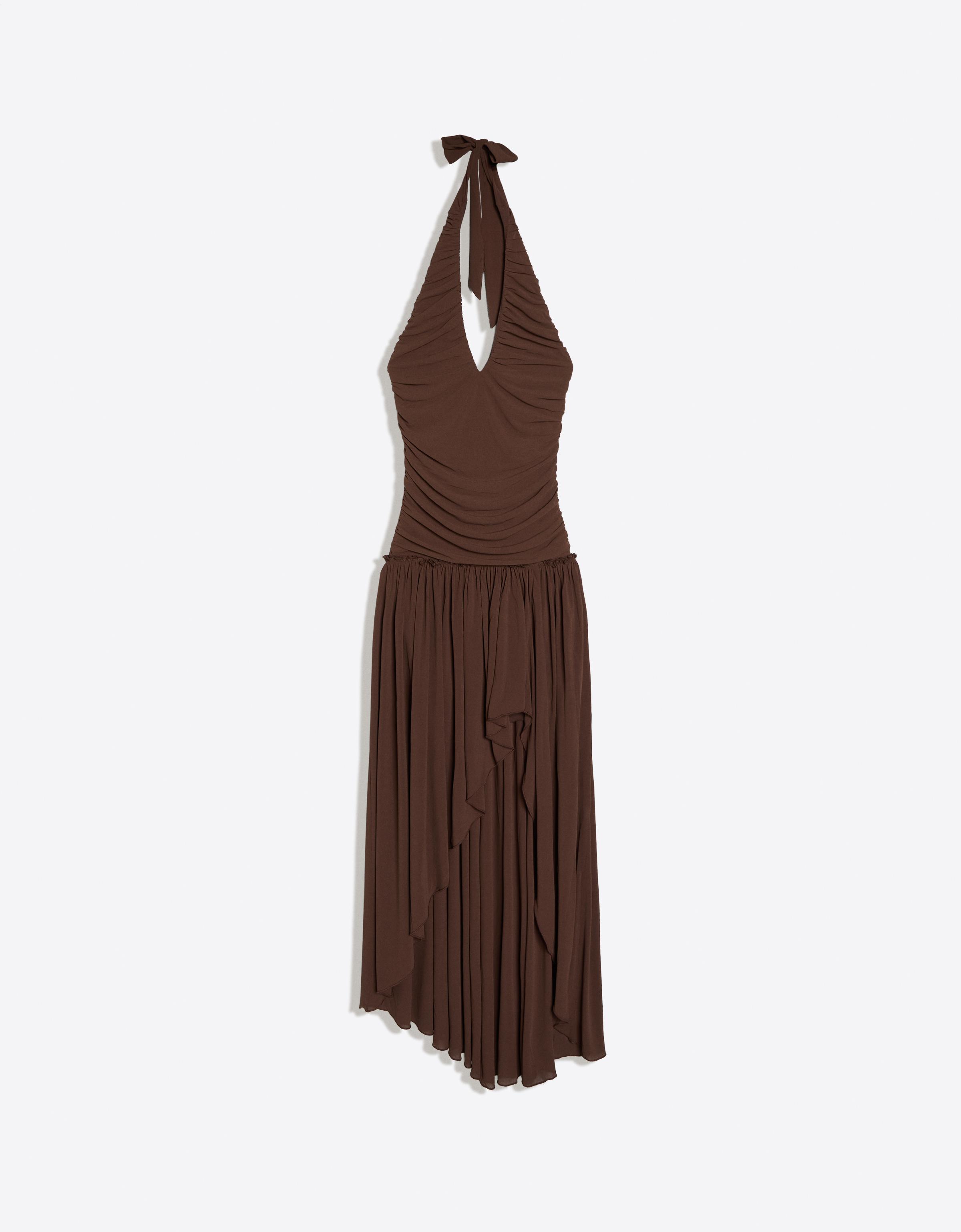 Bershka Vestido Largo Halter Asimétrico Mujer Marrón