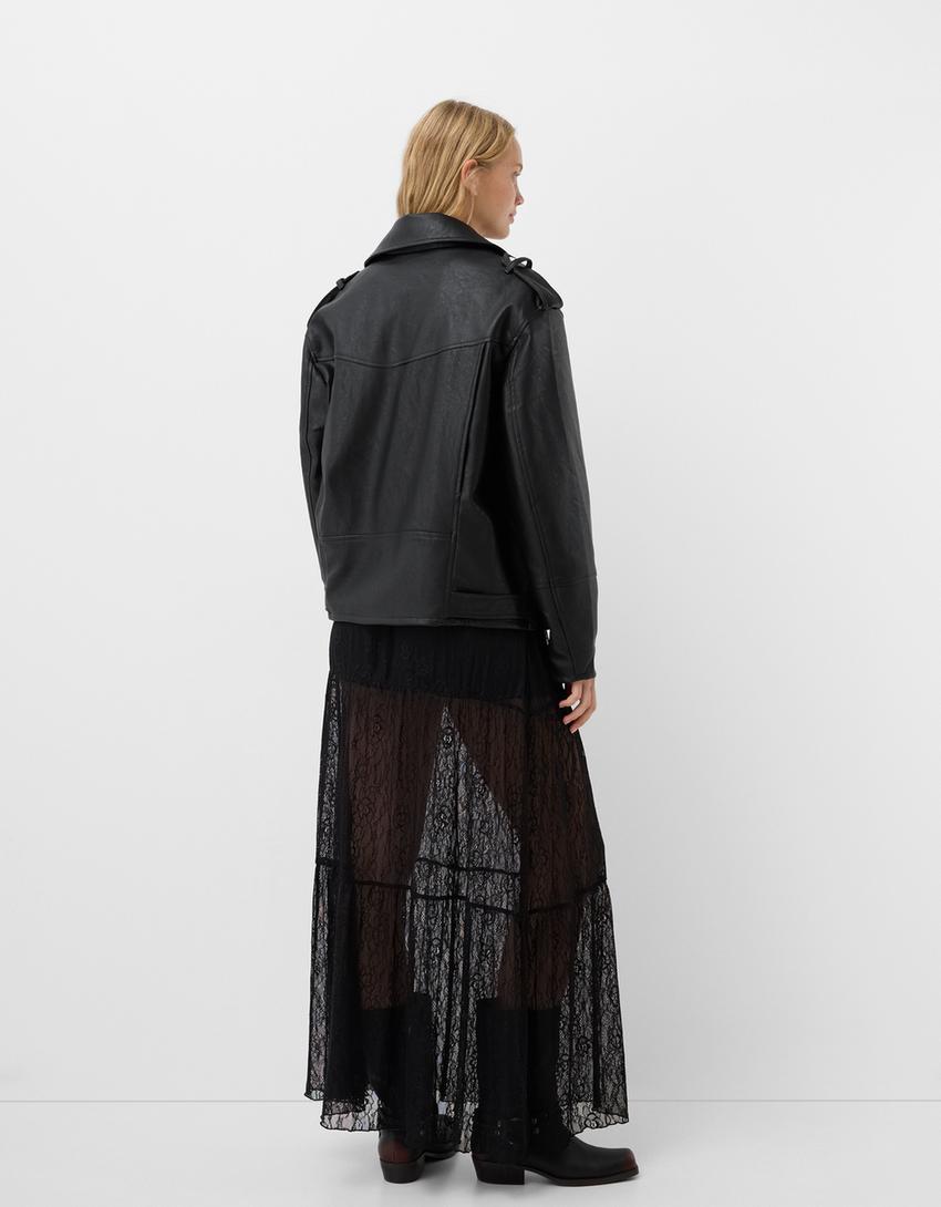 Giubbotto biker effetto pelle oversize-Nero-1