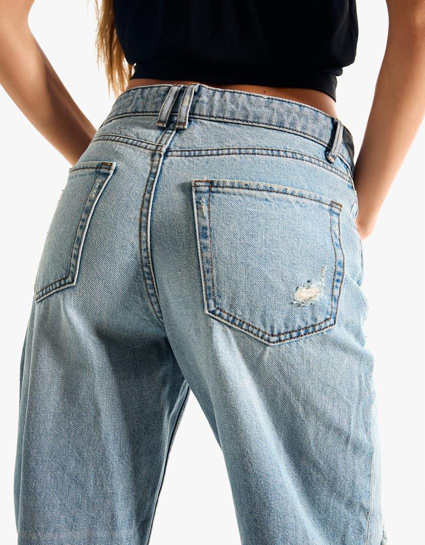 High-waist wide-leg ripped jeans-Light blue