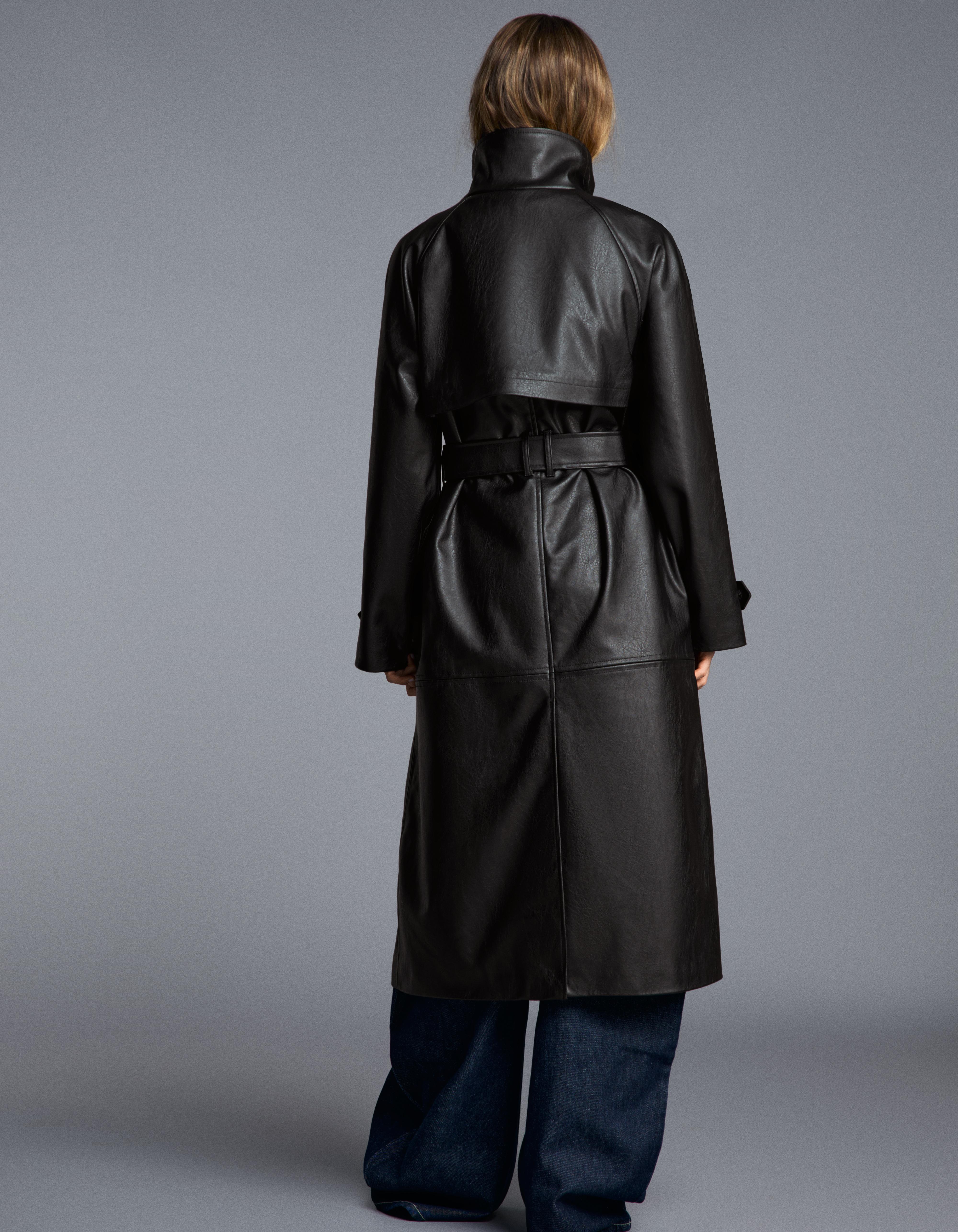 Long leather effect belt trench coat with funnel neck — Black