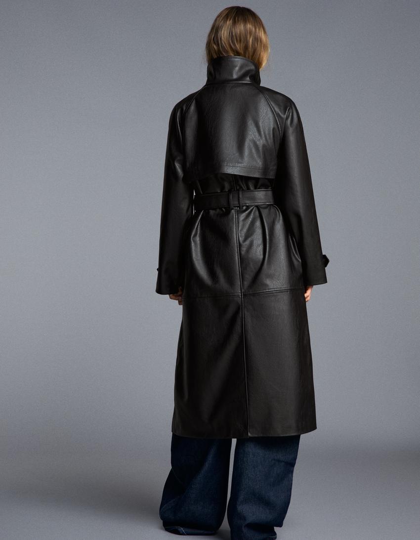 Trench largo cinturón efecto piel cuello funnel-Negro