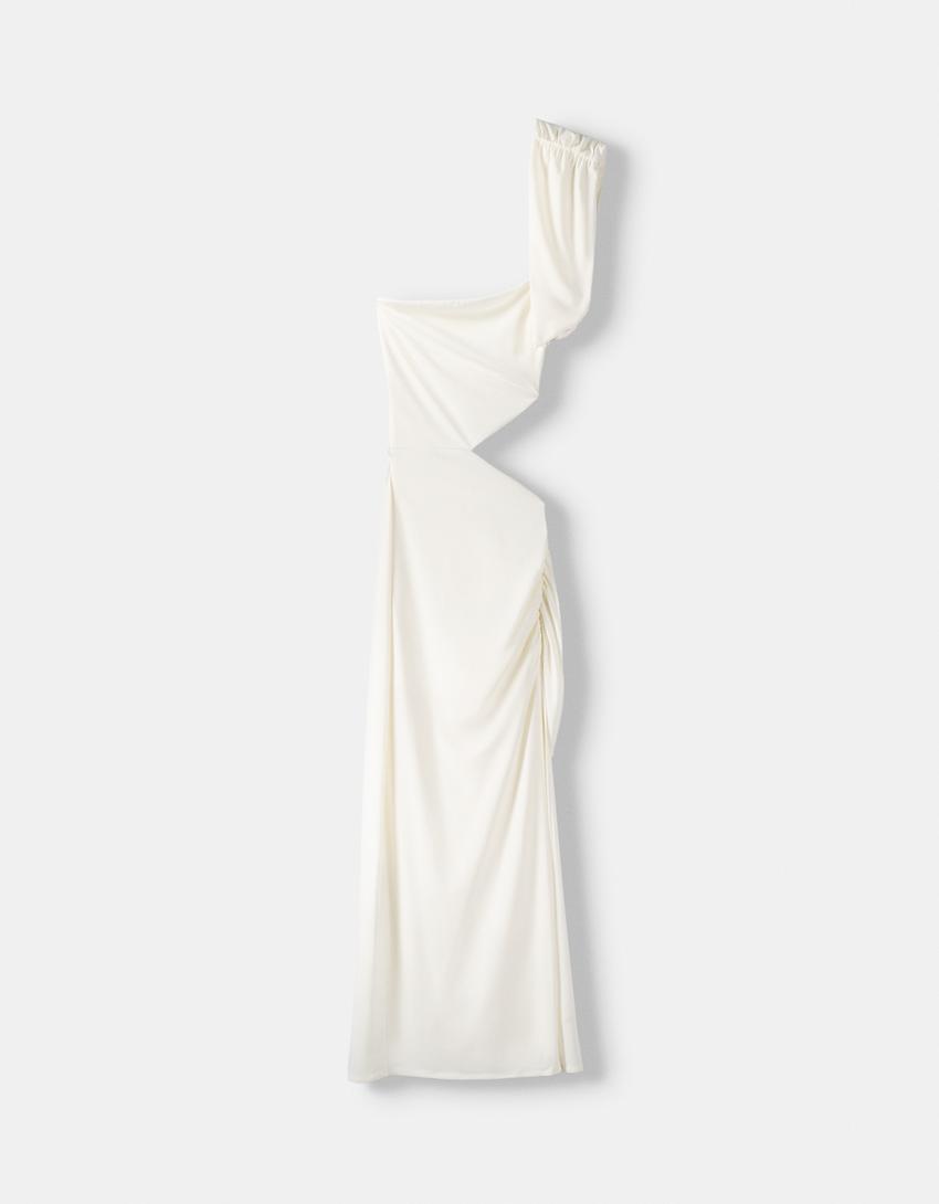 فستان متوسط الطول غير متماثل بفتحة-أبيض مطفي-5