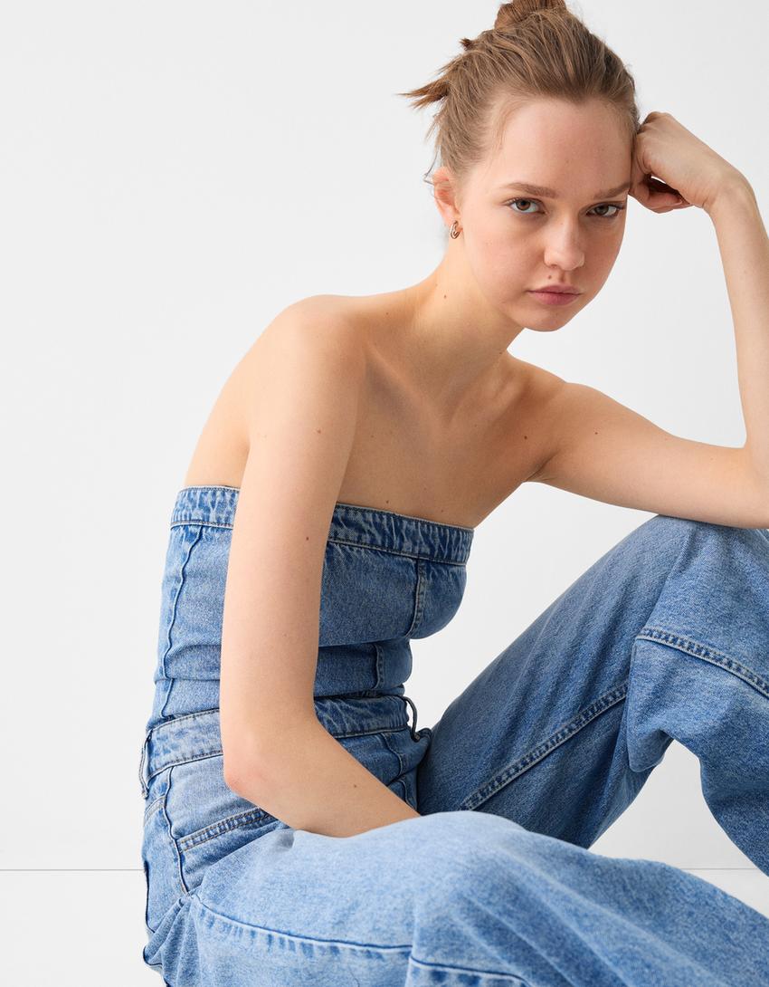 Denim wide-leg bandeau jumpsuit-Light blue-3