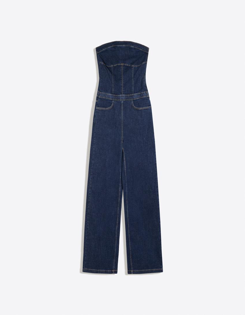 Long denim bandeau jumpsuit-Blue