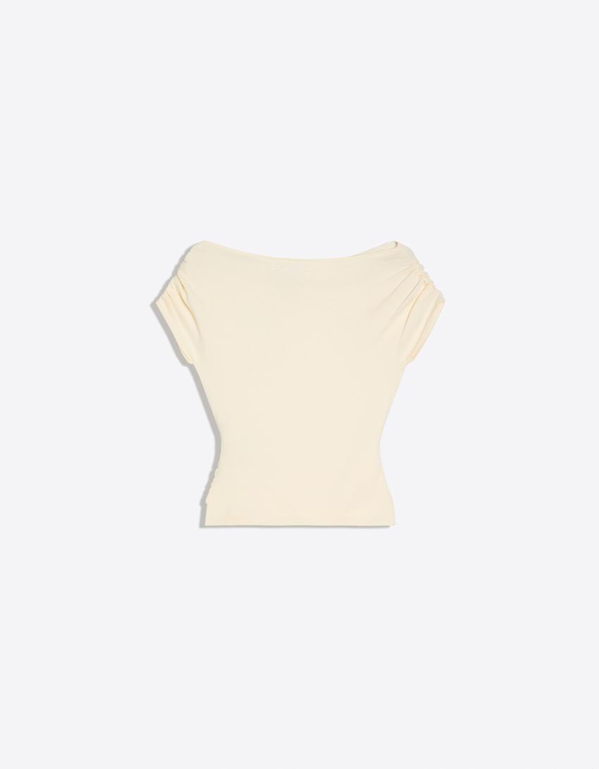 Asymmetric belted T-shirt-Cream