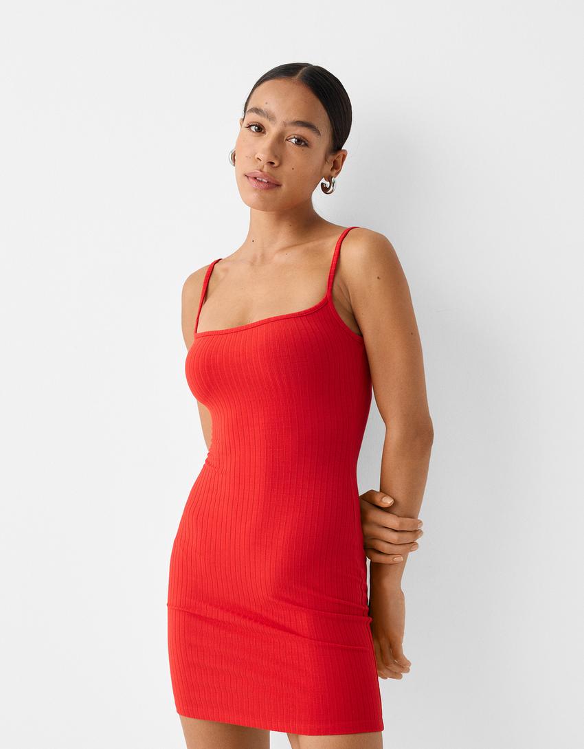 Fitilli askılı mini elbise-Kırmızı-3