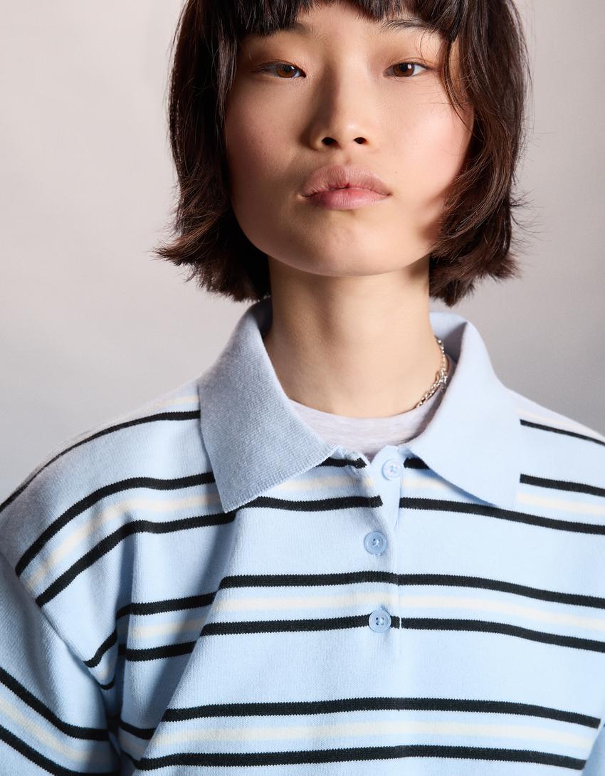 Pull col polo rayé-Bleu