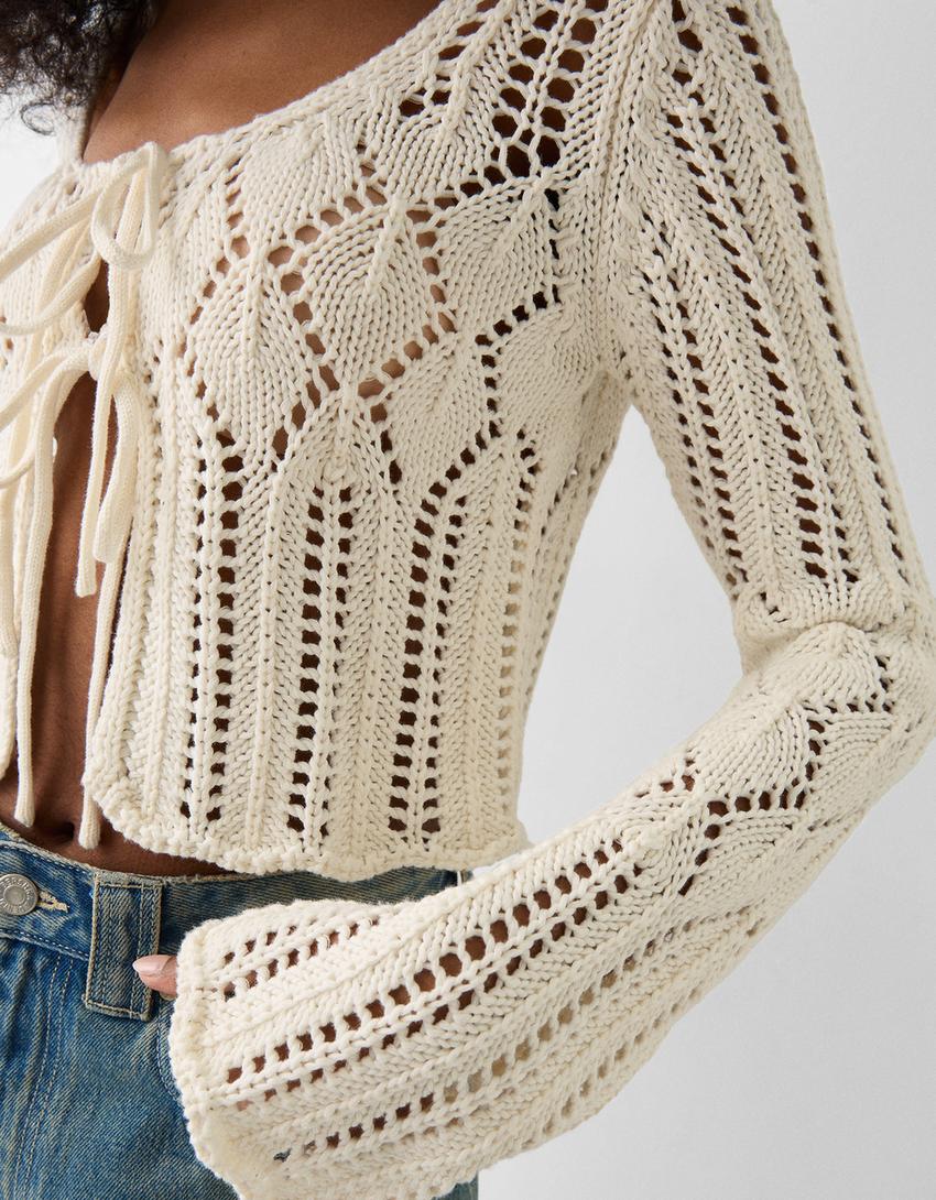 جاكيت ريفي بغرزة مخرمة-كريمي-5