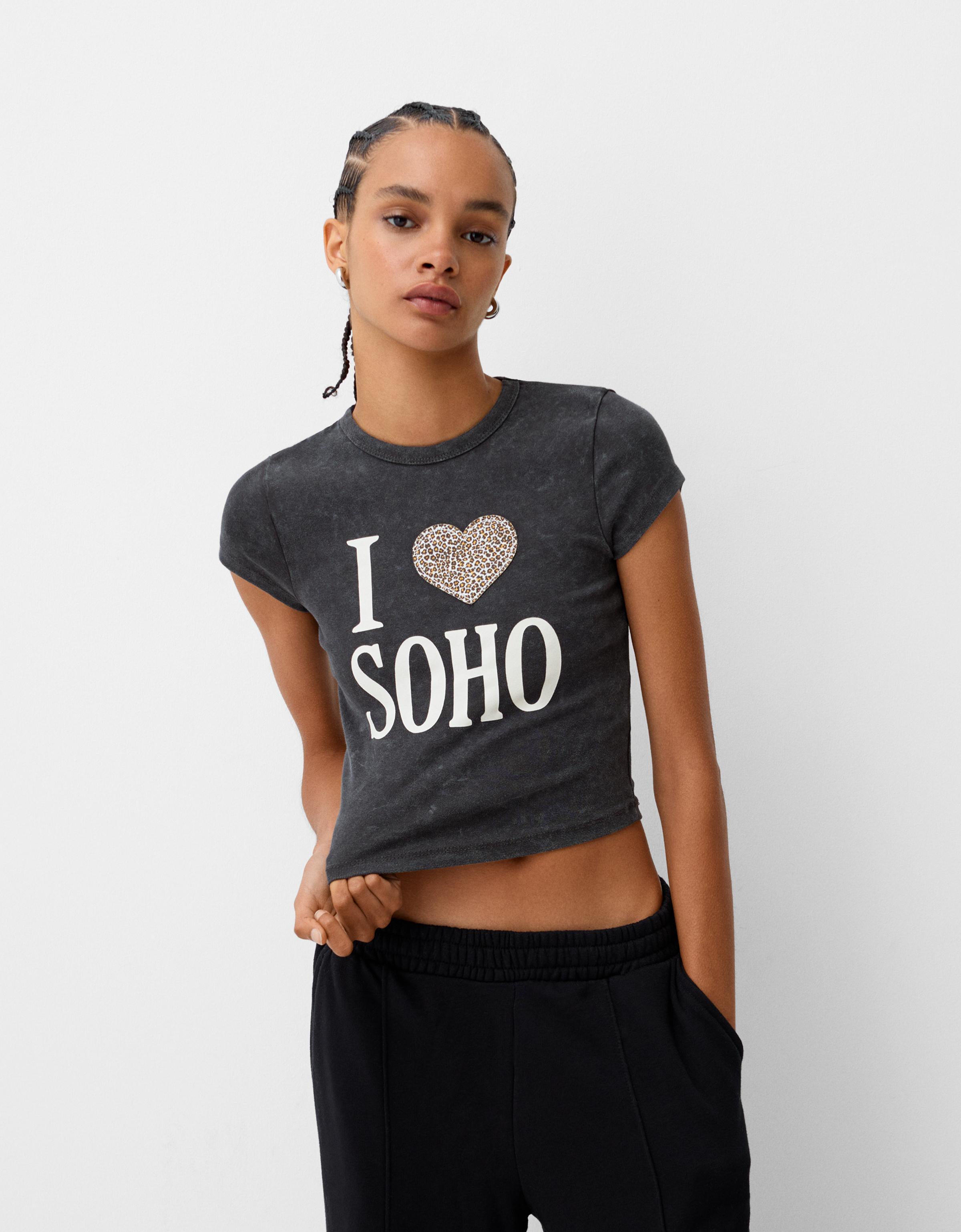 Bershka T-Shirt Mit Print Damen S Grau