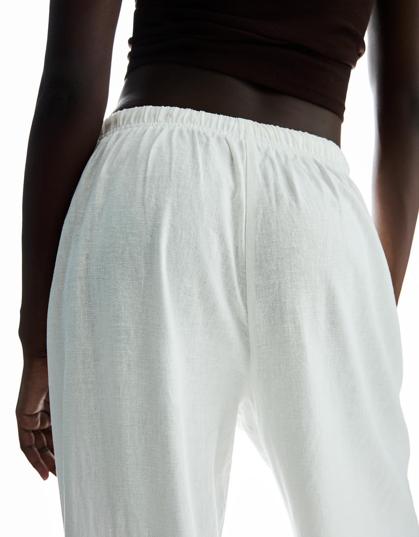 Pantaloni cu in, cu elastic în talie-Alb murdar