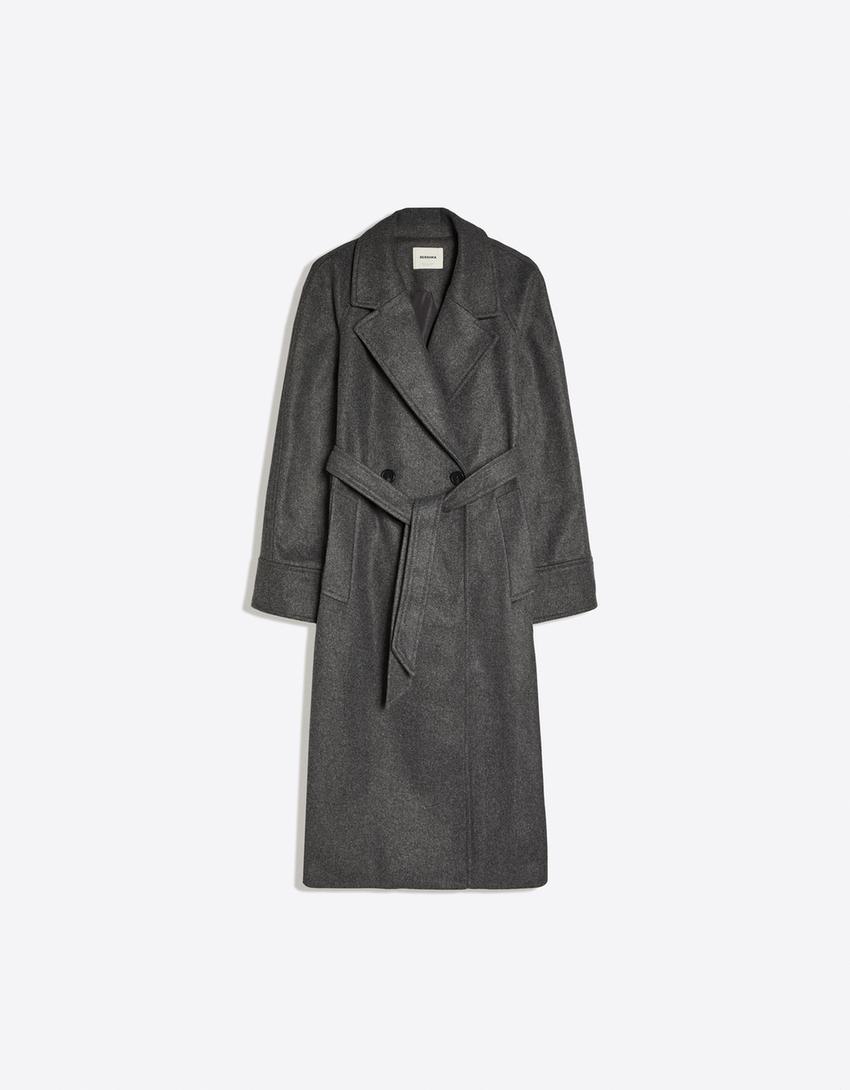 Cappotto lungo soft con cintura-Grigio scuro