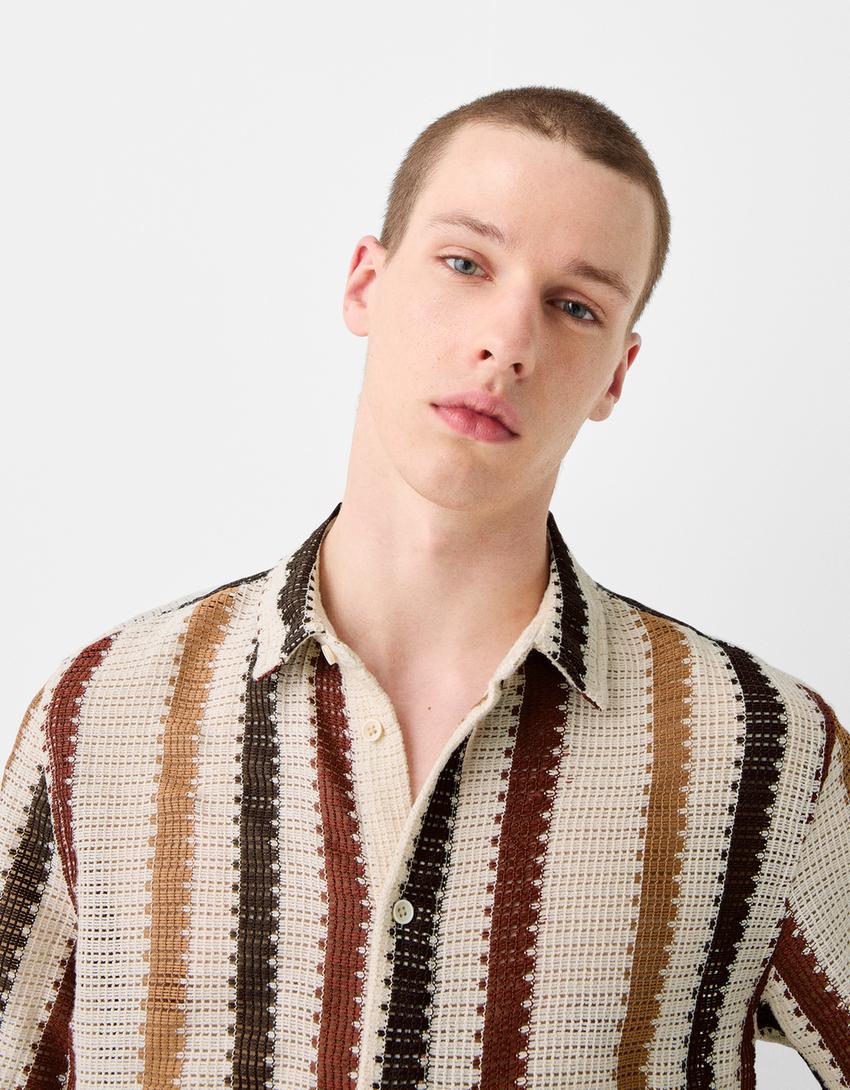 قميص كروشيه مخطط بأكمام قصيرة-كريمي-2