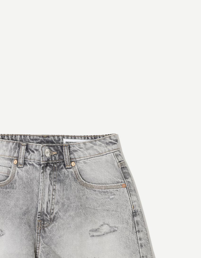 Ripped denim shorts-Grey