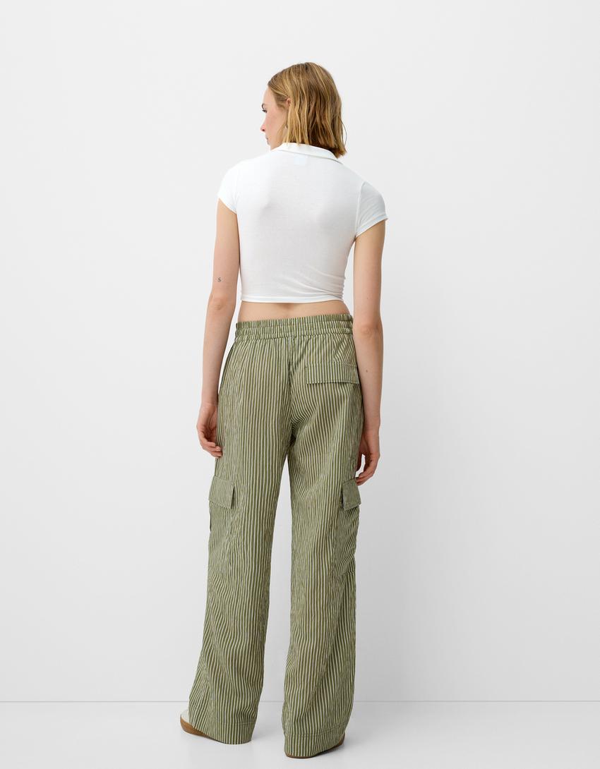 Calças cargo às riscas com cintura elástica-Caqui-2