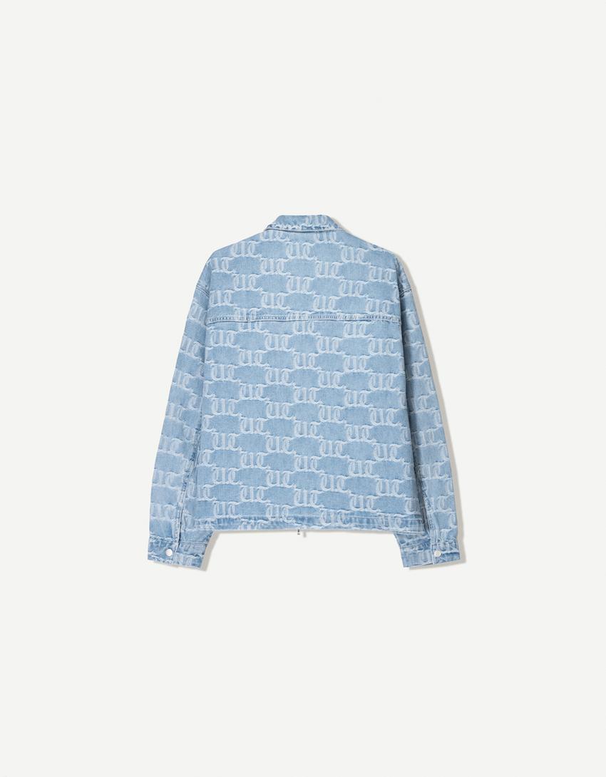 Denim jacquard overshirt with zip-Light blue-5