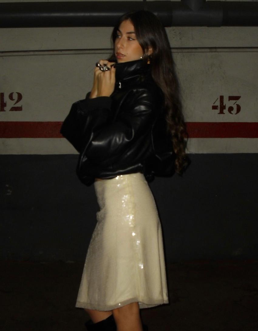 Jupe midi asymétrique à paillettes-Écru