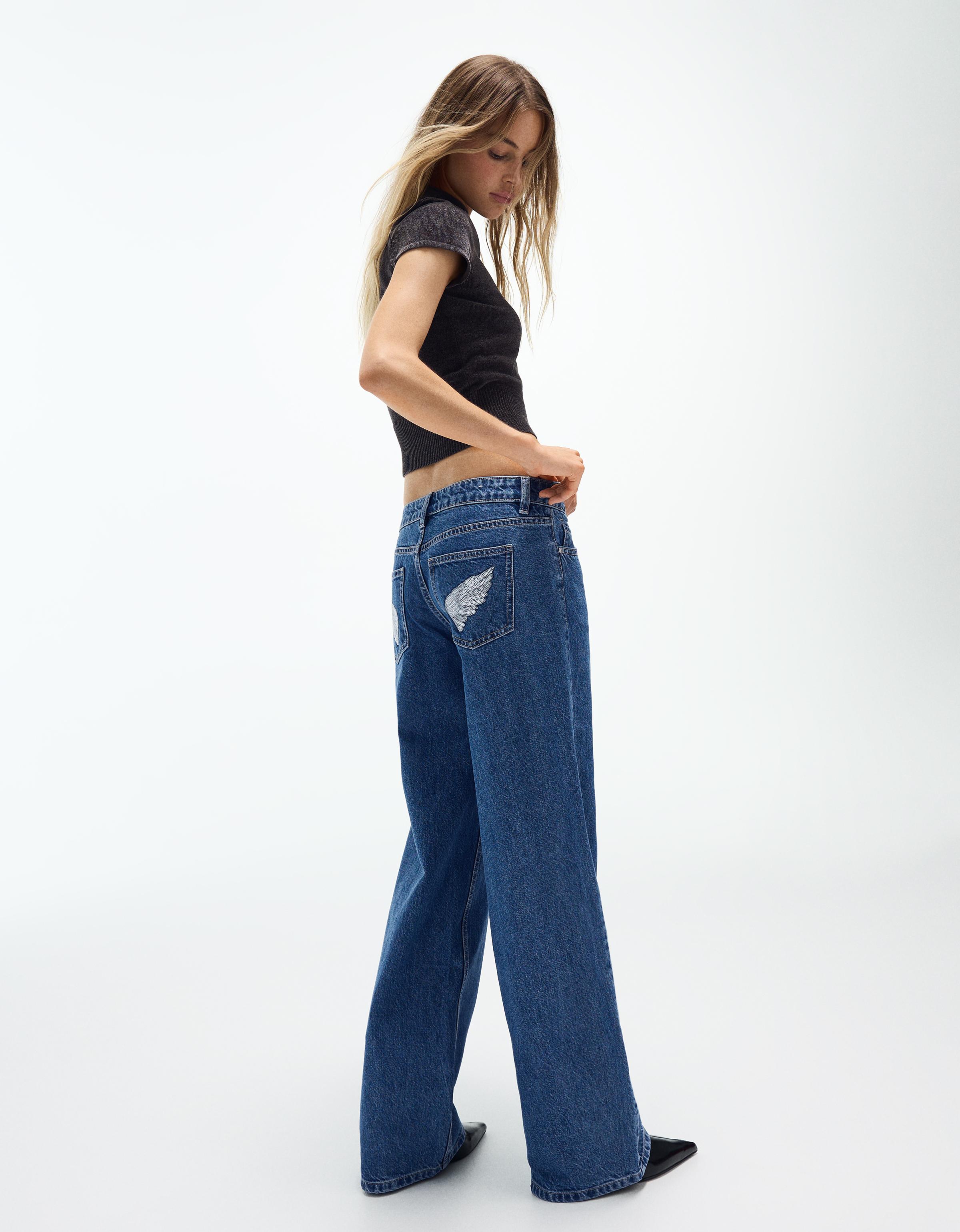 Low-rise straight sequin jeans — Light blue