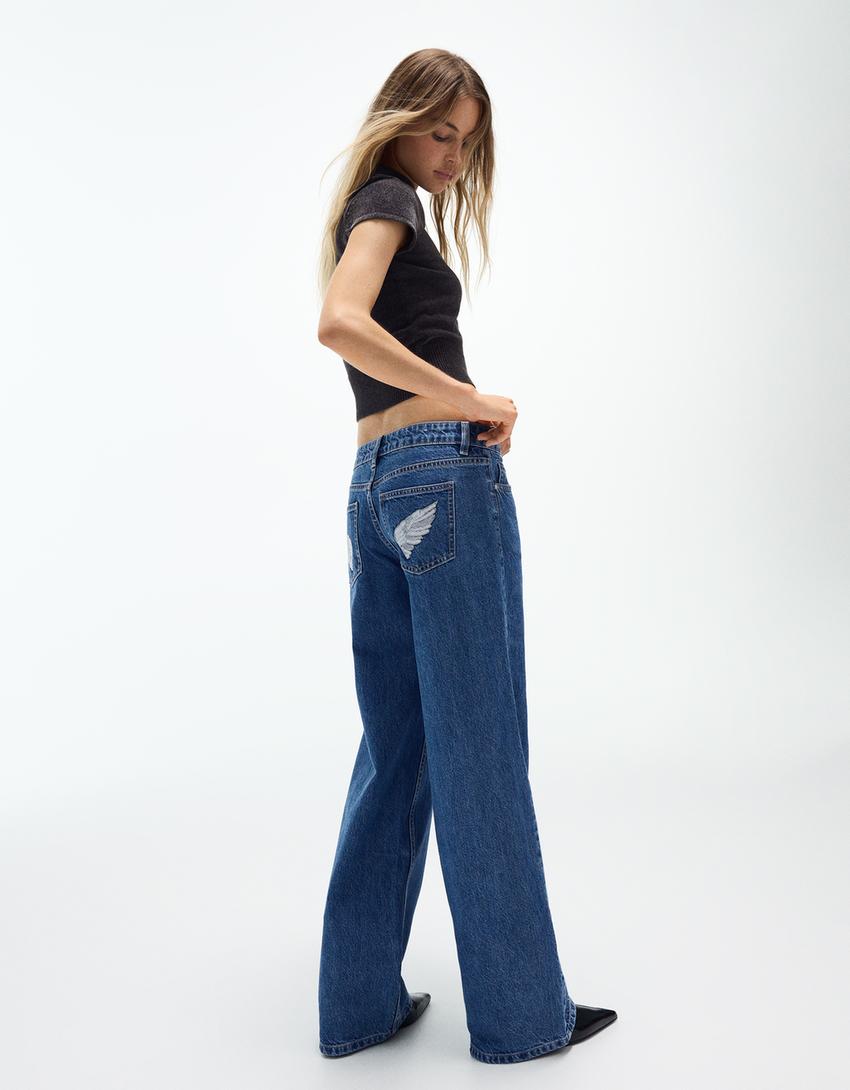 Low-rise straight sequin jeans-Light blue