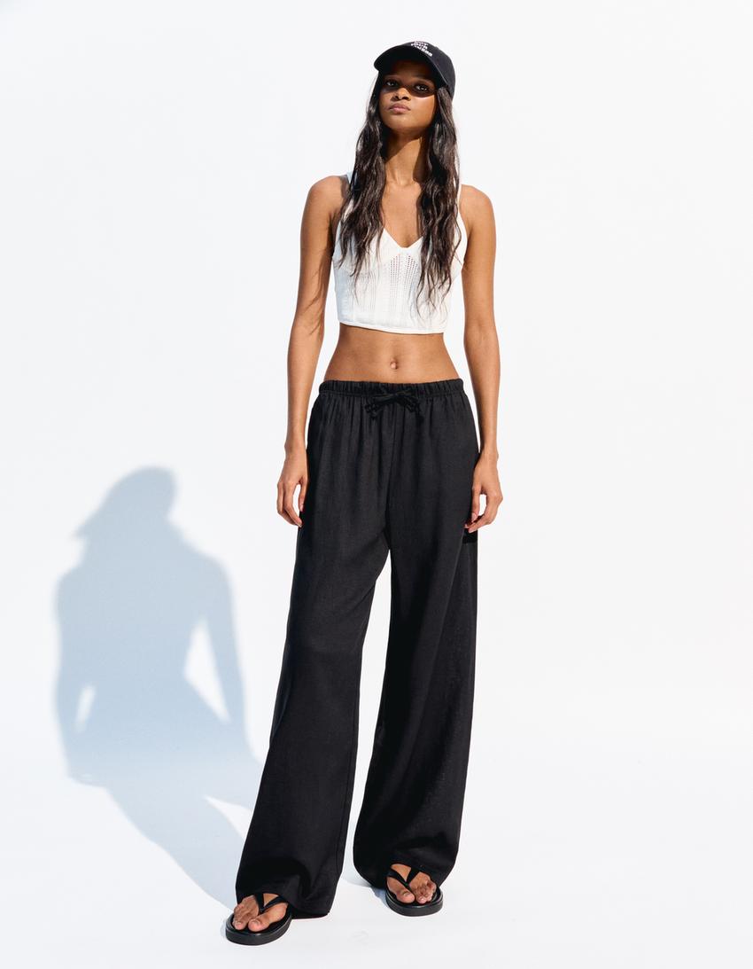 Linen blend trousers with an elasticated waistband-Black-2