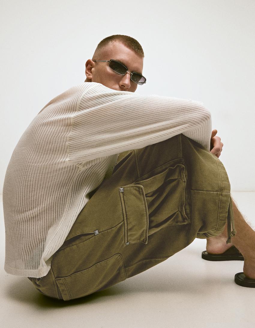 Washed effect cargo jort Bermuda shorts-Khaki