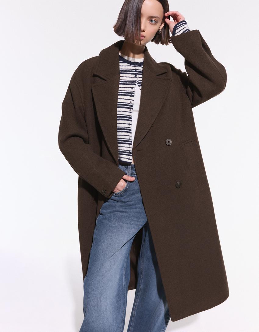 Manteau long épaule tombante-Marron