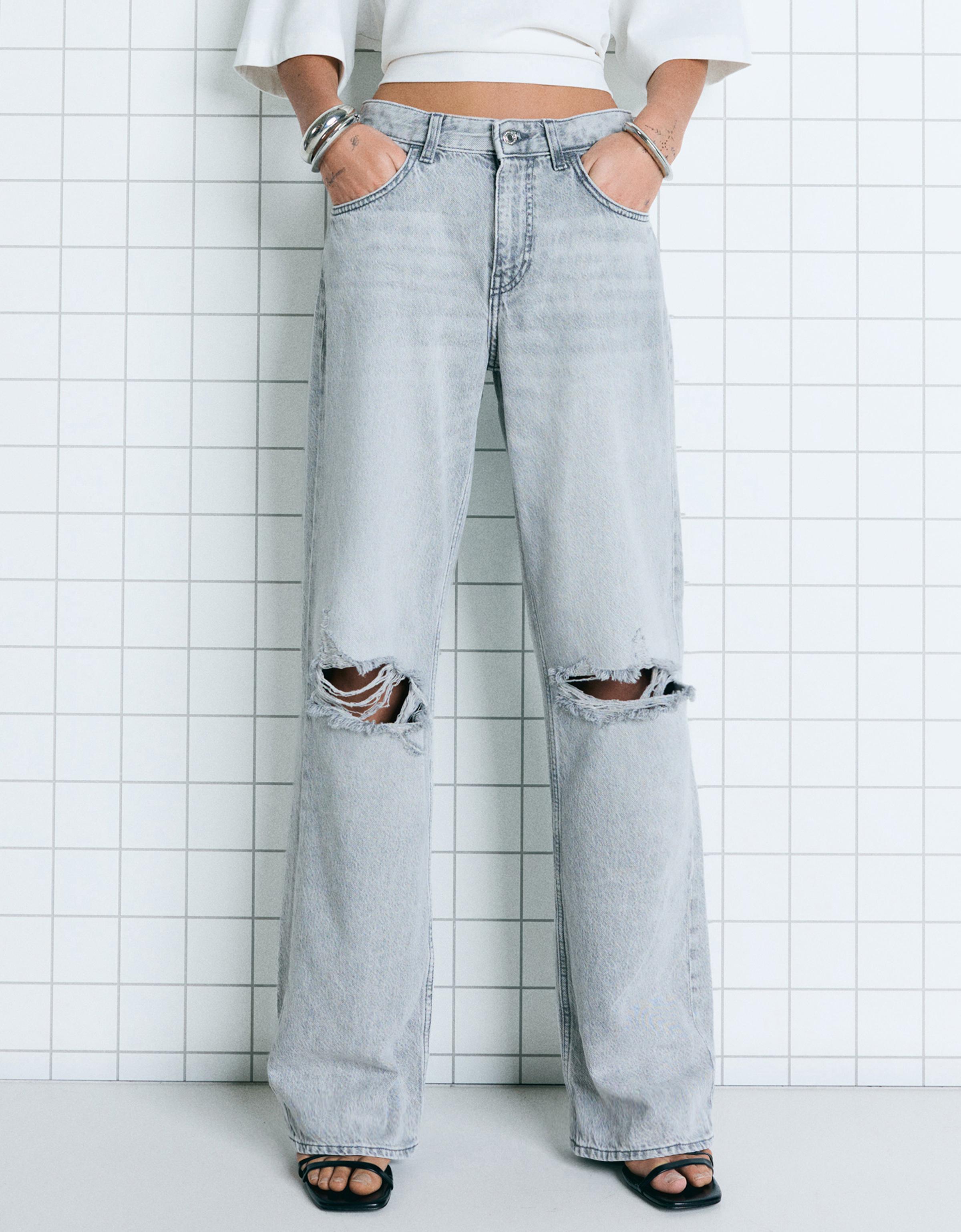 Bershka Jeans Mit Weitem Bein Und Rissen Damen 32 Dunkelgrau