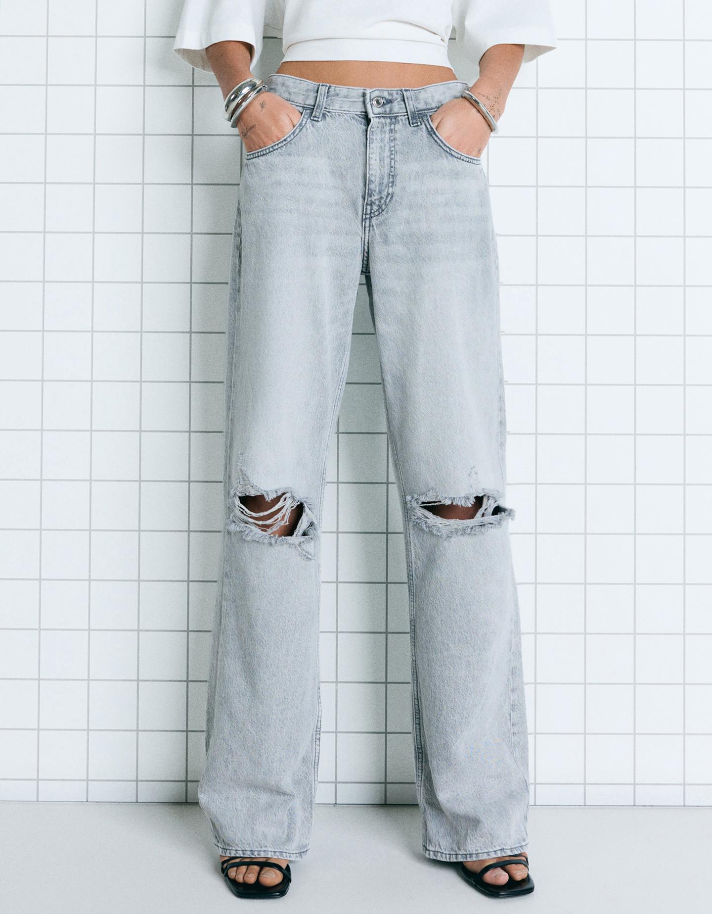 Bershka jeansy wide leg z dziurami ciemnoszary