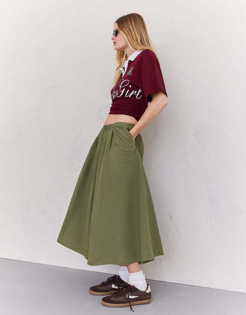 Spódnica midi z elastycznym pasem-Khaki