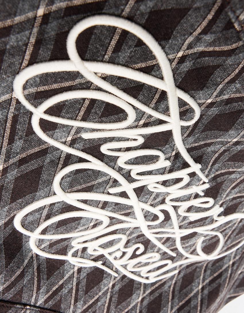 Embroidered check tote bag-Brown