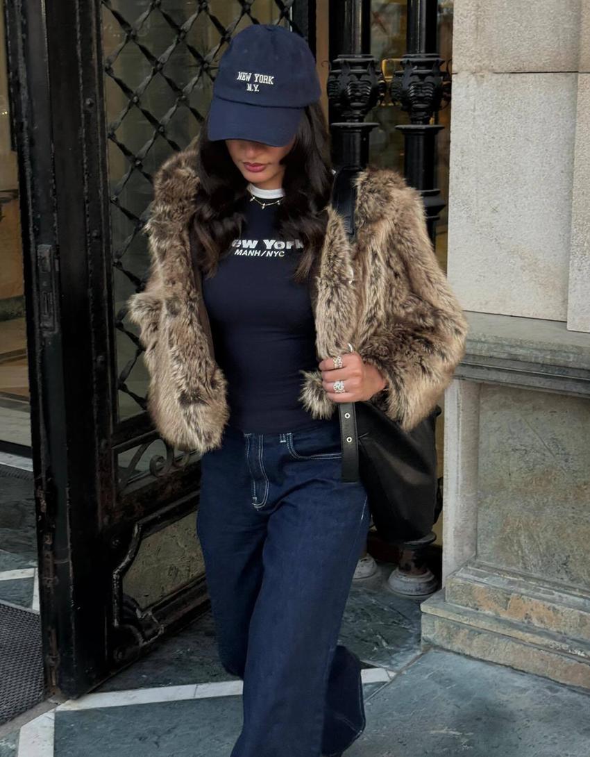 Veste fausse fourrure capuche-Marron