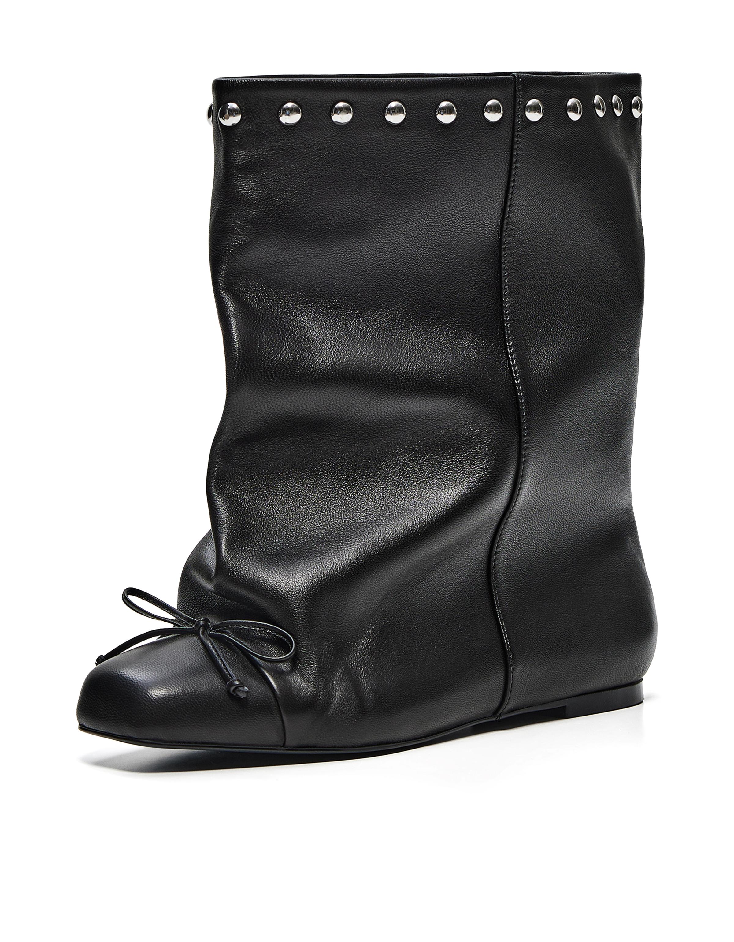 FLAT WIDE-SHAFT STUDDED LEATHER ANKLE BOOTS — BLACK