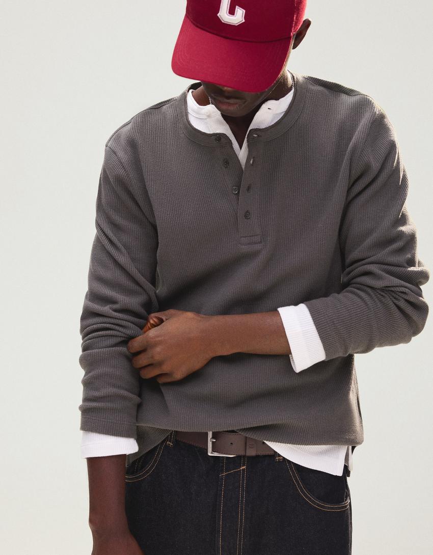 Slim fit long sleeve henley T-shirt-Dark grey