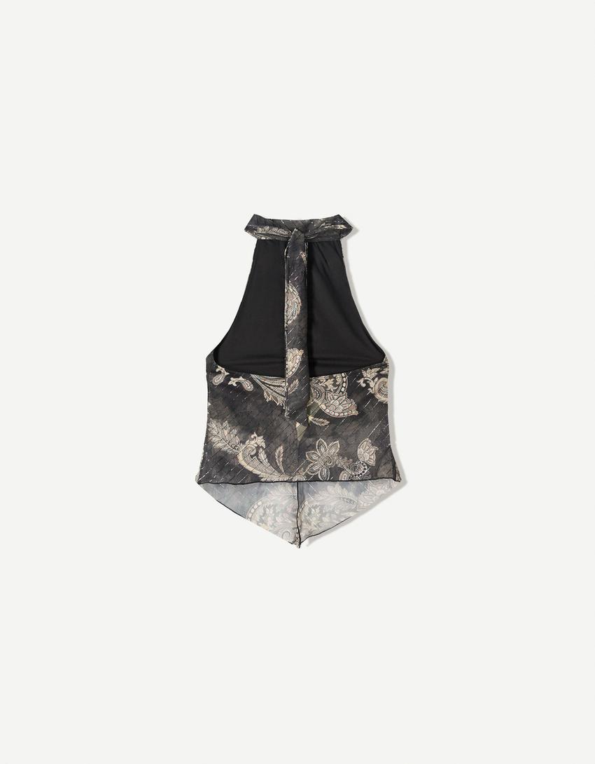 Printed tulle halter top-Black-4